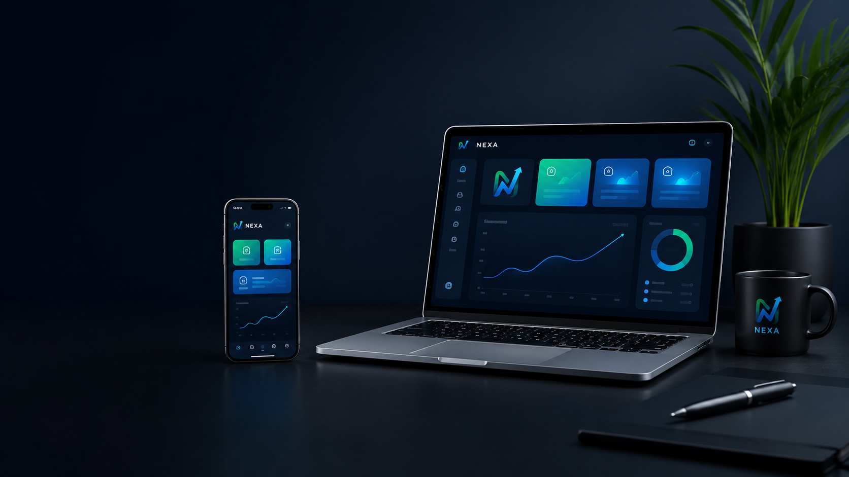 NEXA en laptop y smartphone con interfaz moderna