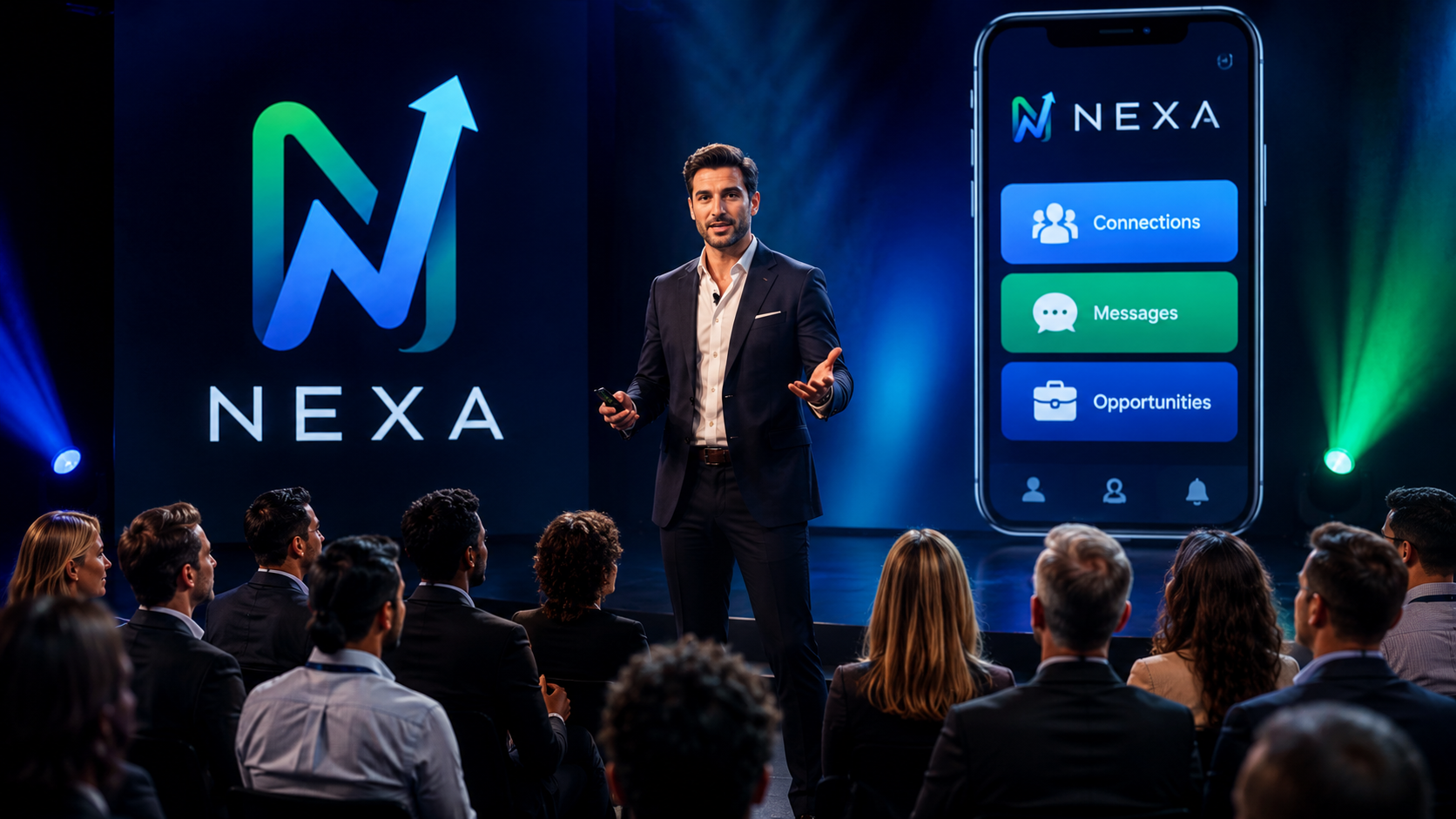 Profesional haciendo networking y presentando NEXA ante una audiencia
